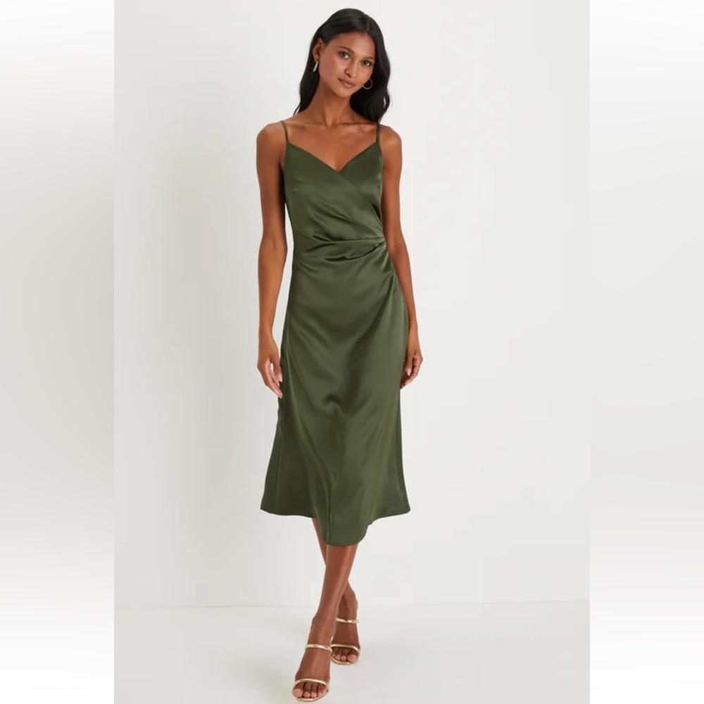 Olive Green Satin A-Line Midi Dress